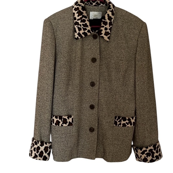 Apart by Spiegel size 14 tan tweed blazer with faux leopard trim - Picture 1 of 14